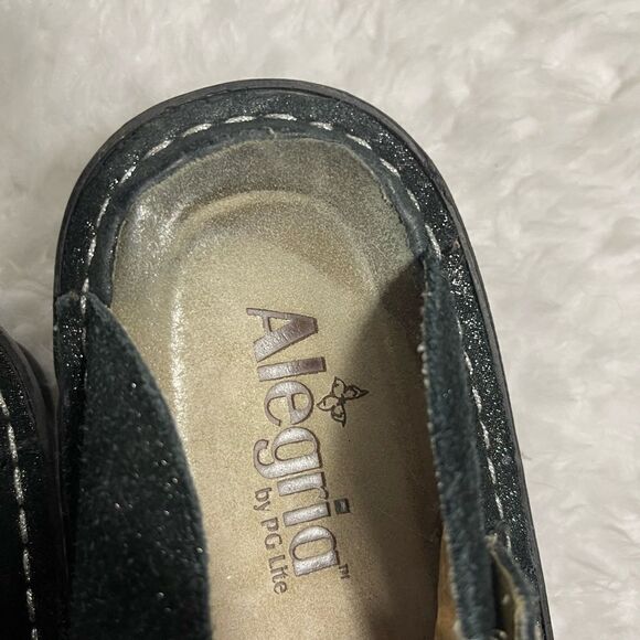 Alegria Paloma leather black glittery suede mules with side buckle  SZ 37 - Picture 9 of 10